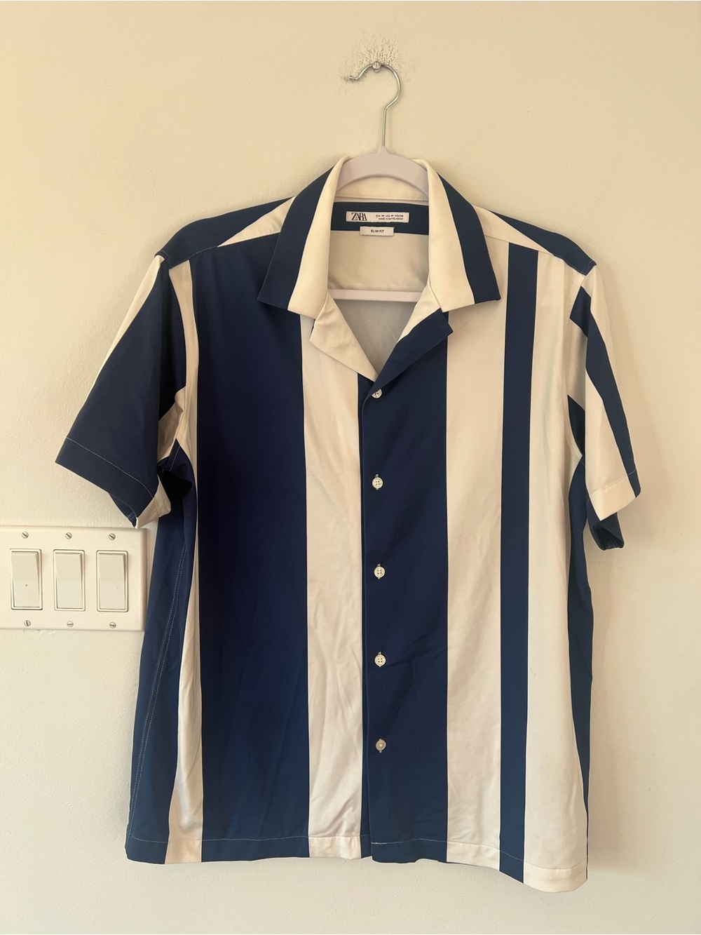 Zara Men’s Medium Slim Short-Sleeve Stripe Shirt Navy & White Coastal Nautical